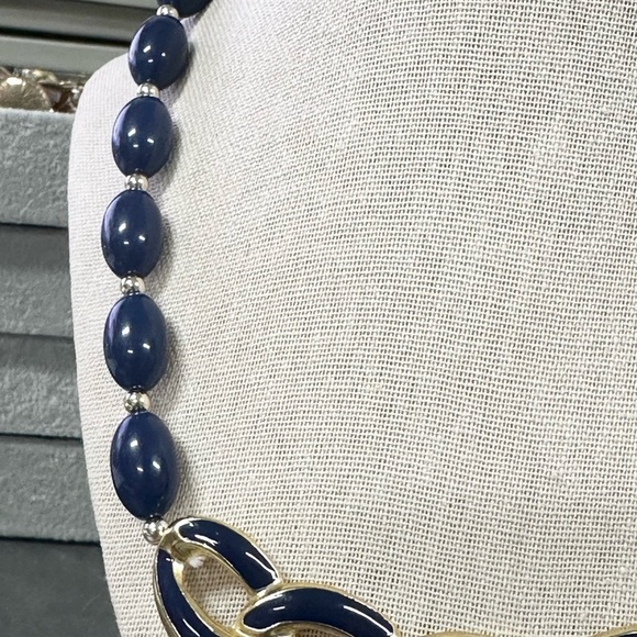 Vintage Navy Blue Enamel And Beaded Gold Tone Statement Necklace - Picture 3 of 4